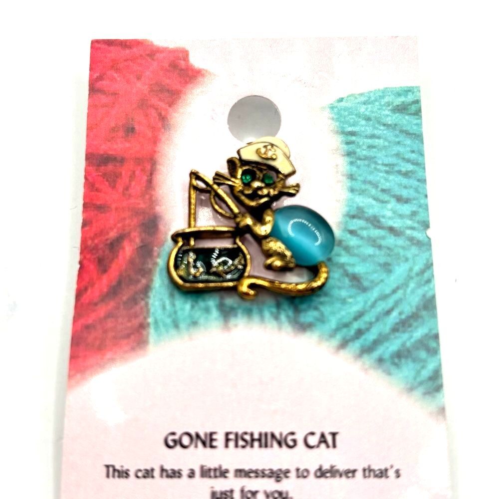 Cat Lapel Pin Gold and Green Rhinestone Fishing Cat Brooch